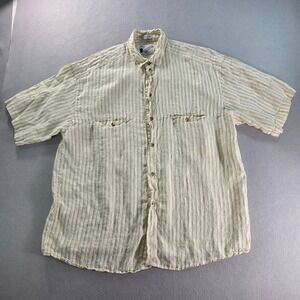 Goouch Vintage Mens Medium Linen Striped Short Sleeve Button Down Shirt Beige